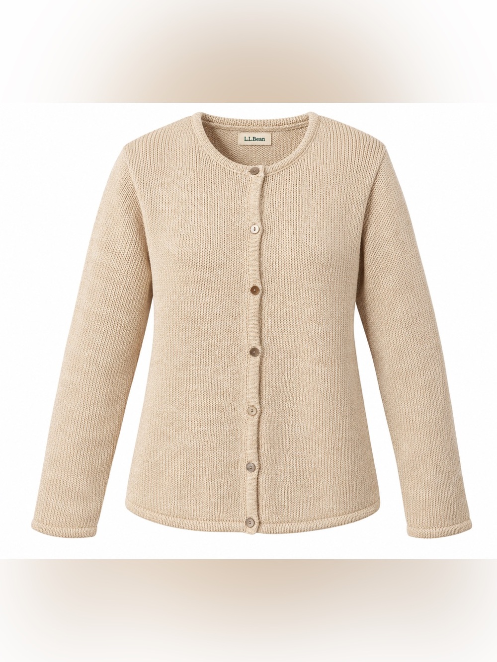 L.L.Bean Womenโs L 100% Cotton Marled Knit Cardigan Sweater Natural Oatmeal